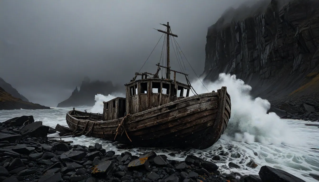Im Vordergrund das hölzerne Forschungsboot. Davor und darunter größere Steine. Es sieht aus, als hätte man es hier abgestellt. Auf der anderen Seite des Bootes peitschen die mächtigen Wellen unregelmäßig dagegen. Es ist nicht Leck geschlagen. Rechts dahinter unüberwindbare senkrecht verlaufende Klippen, deren Höhe man durch den Nebel nicht erkennen kann. Weiter links davon, hohe Berge die in leichten Nebel gehüllt sind. Links steilere teils begrünte Hänge. Dazwischen und etwas verwinkelt die Einfahrt in die uneinsehbare Bucht.